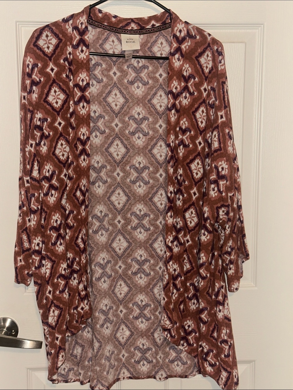Knox Rose Open-Front Patterned Cardigan in Brown, White and purplish accents.